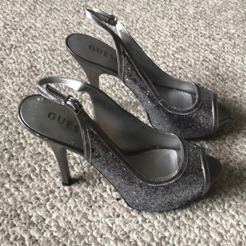 Guess silver glitter peep toe heels
